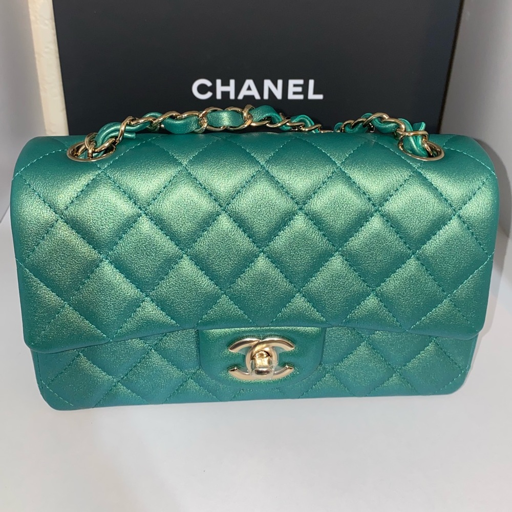RARE NIB CHANEL IRIDESCENT GREEN CLASSIC MINI FLAP - Picture 6 of 17